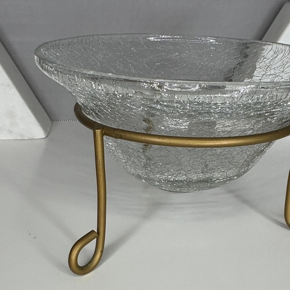 Vintage Crackled Glass Insert Shell 3 Foot Brass Mount 6.5
